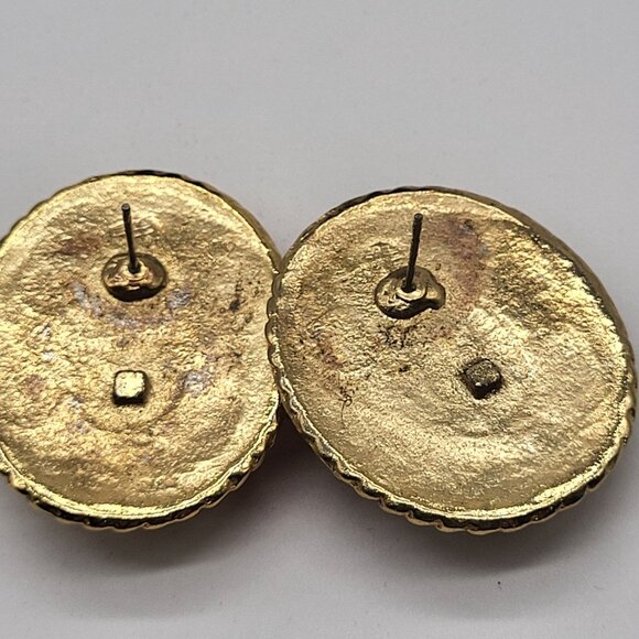 VTG Gold Tone Purple Jewel Tone Cabochon Earrings Oval Statement Heavy Korea - Picture 5 of 8